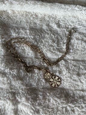 Tory Burch Gold-Tone Pendant Necklace with Ivory Enamel Cross Motif